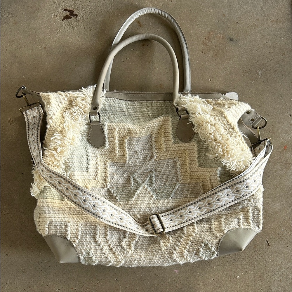 Free People Cream and Light Beige Textured Weekender with Patterned Strap